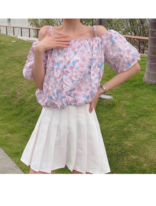 the lemon 日系小清新碎花小衫2021夏季甜美少女风露肩一字领上衣