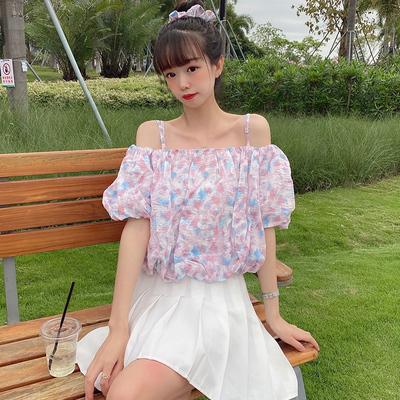 the lemon 日系小清新碎花小衫2021夏季甜美少女风露肩一字领上衣